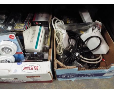 Two boxes of electrical equipment to include computer rewriters, battery checkers, card reader, scart switches, aerial booste