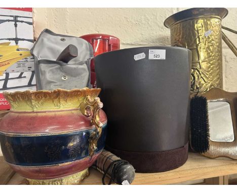 Mixed Lot: Jardiniere, brass stick stand, brushes, waste paper bin etc