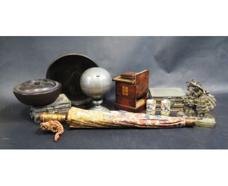 Two Singapore Pewter Boxes, pewter globe cigarette dispenser, wooden box with secret compartment, etc. 