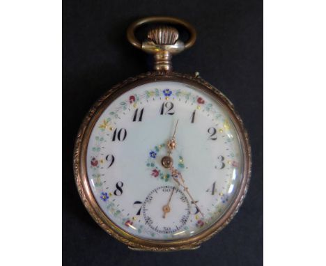 A Pretty .800 Silver and Gilt Keyless Fob Watch with a pretty floral enamel dial with green tint to the centre, the 46mm case