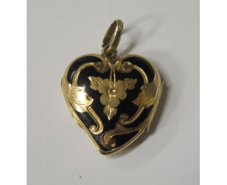 An Early 19th Century Gold and Enamel Witches Heart Locket with chased foliate decoration and 1850 inscription, 28mm drop, 5.