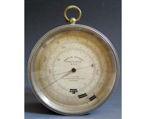 A Watkin Patent Compensated Barometer.  9cm Dial, No. 913, J. Hicks, London.  10.4cm diameter. 
