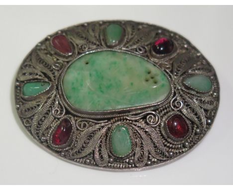 A Chinese Carved and Pierced Jadeite Silver Filigree Brooch, 48x38mm 