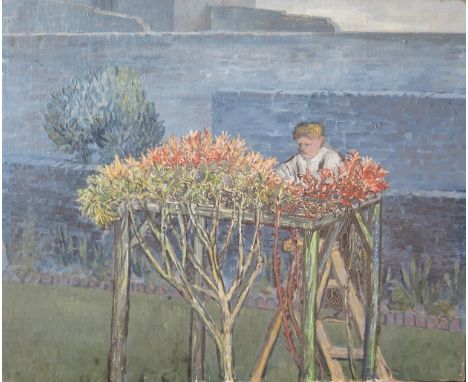 Attb. Gwendolen R. Jackson, (b.1919), 'Pruning', Oil on Canvas and Portrait of a lady on reverse, 61 x 51cm 