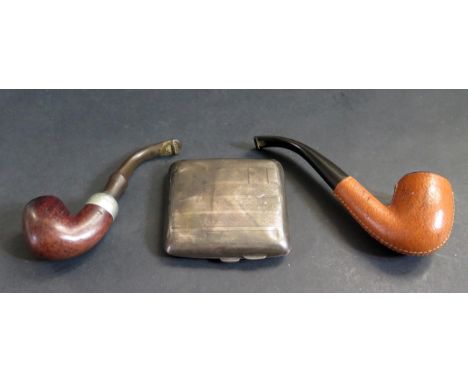 A Peterson's Silver Mounted Tobacco Smoker's Pipe, one other and silver cigarette case (Chester 1928, 92g) 