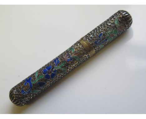 A 19th Century Chinese Silver and Enamel Cylindrical Needle Case, 9cm 