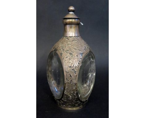 A Chinese Silver Mounted Dimple Bottle, Silver &amp; Glass A/F 