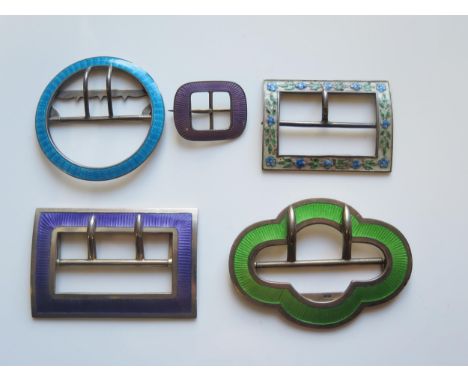 Three Silver and Enamel Buckles (Birmingham 1910, H.H &amp; S, LE x2, one other sterling silver and enamel buckle and buckle 