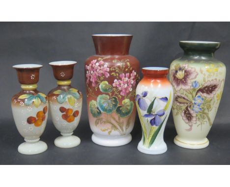 Five 19th Century Glass Vases with floral enamel decoration, largest 29.5cm 