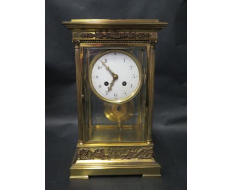 French Eight Day Striking Mantle Clock by Japy Freres. White enamelled 10cm dial, AF. In Brass Four Glass Case. 32cm tall. Ru