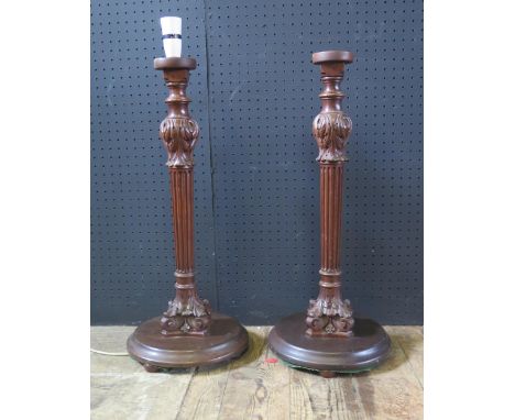 Pair of Carved Wood Electric Lamp Bases and Shades. 79cm tall.