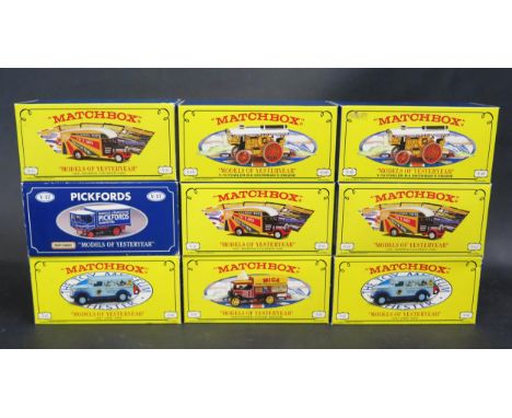 Nine Matchbox Models of Yesteryear Including Y-12 1937 GMC Vans x2, Y-19 Fowler B-6 Showman's Engine x2, Y-27 1922 Foden Stea