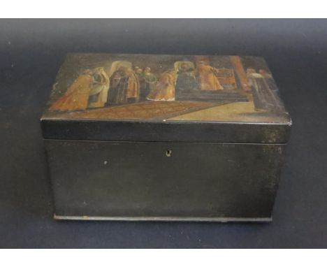 Russian Lacquered Tea Caddy.  The Lid with image of Orthodox ceremony.  Interior with two compartments.  22cm long. 
