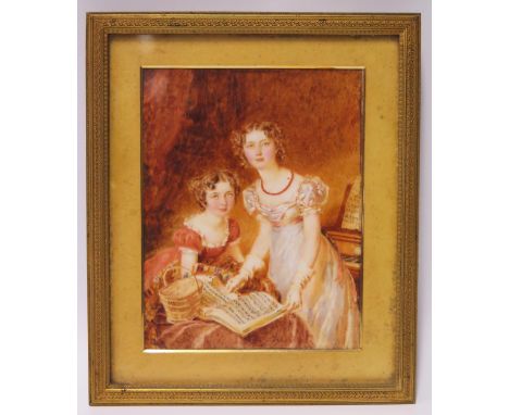 A 19th Century Portrait of Two Young Ladies, indistinct scratched inscription '...1823', 17x13cm, in a gilt bronze glazed fra