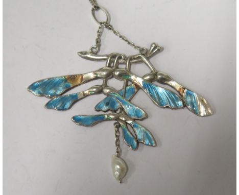 An Arts &amp; Crafts Silver, Enamel and Pearl Sycamore Seed Pendant on a 23" chain, 69mm wide, 10g. Some enamel loss 