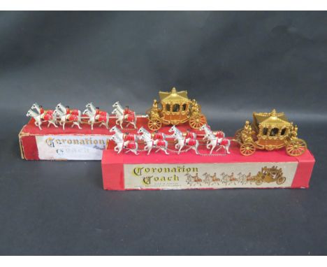 Two Lesney Large Scale Coronation Coach, Gold Painted, Queen Cast Only. Excellent to excellent plus in poor altered boxes 