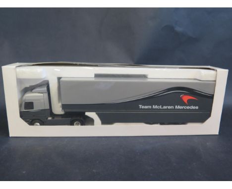 An Eligor 11286 Mclaren Mercedes F1 Hakkinen Transporter 1/43 Scale. Model missing mirrors and detailing parts, Box window ha