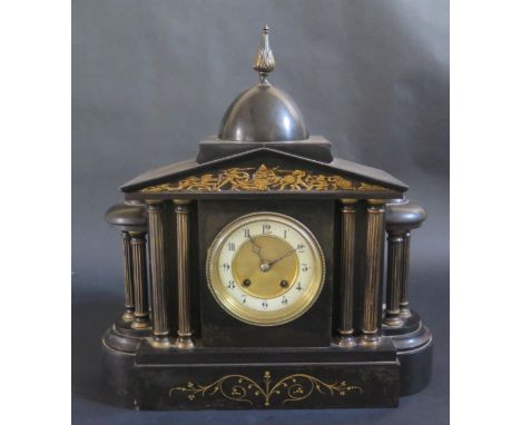A 19th Century Black Slate Mantle Clock with Hamburg American Clock Company movement, c. 40cm high 