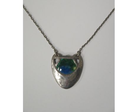 An Arts &amp; Crafts Planished Silver and Enamel Pendant Necklace, 40mm drop, c. 18.5" chain, 17.5g 