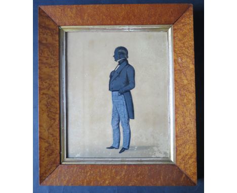 A 19th Century Full Length Portrait Silhouette of a Gentleman, 25.5x20.5cm, birds eye maple glazed frame 