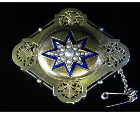 A Victorian Unmarked Gold, Pearl and Enamel Memorial Brooch with pierced foliate decoration and platted hair to the back, 48x