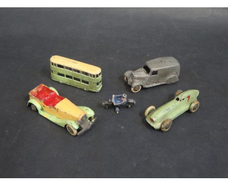 Five Early Dinky Toys Including 28s Fry's Delivery Van, 23b Hotchkiss Racing Car, 27 Tram, 24g Sports Tourer Four-seater and 