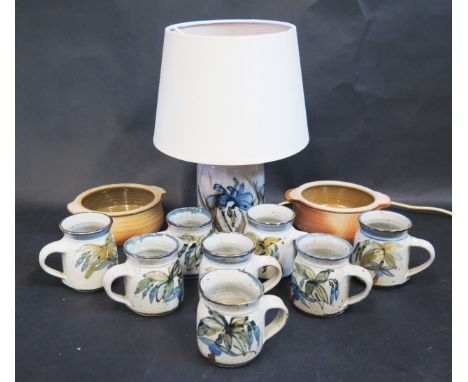 A Set of Eight Studio Pottery Mugs &amp; Lamp By West Country Potter Colin Kellam. Two Bowls By Muchelney Pottery.(lamp measu