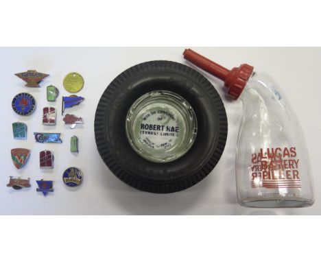 A Lucas Battery Filler, Firestone tyre ashtray and enamel badges 