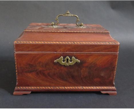 Antique Mahogany Tea Caddy.  Exterior with Marquetry inlay edges.  Interior with three lidded compartments.  24.6cm long 