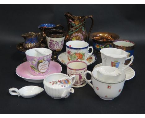 A Selection of 19th Century Copper Lustre Ceramics and moustache cups and saucers 