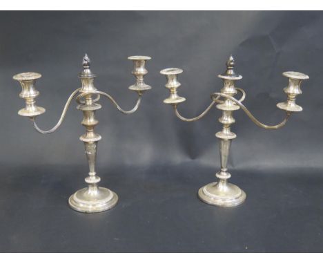 A Pair of Electroplated Silver Three Light Candelabra, 38cm tall 