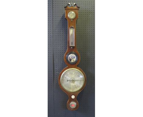 Antique Mahogany Banjo Barometer.  19.5cm silvered Dial.  With Thermometer and level.  96cm. 