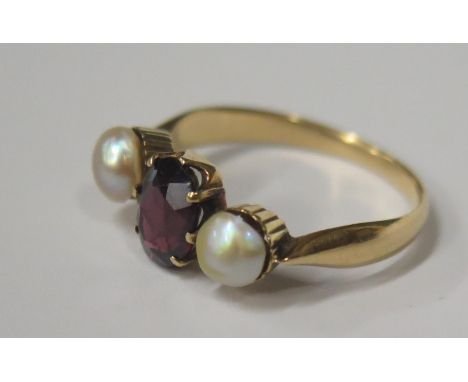 An Antique Ruby and Pearl Three Stone Ring, sizeK.5, 2.6g 