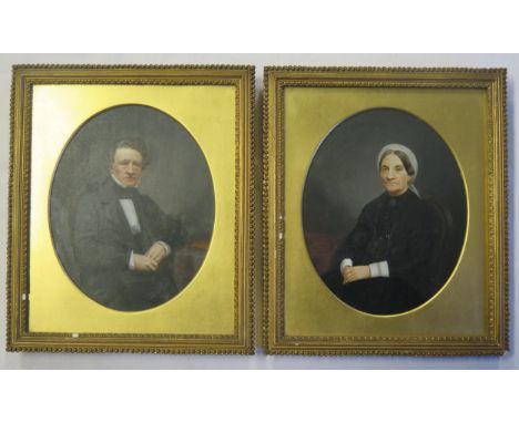 A Pair of Fine Victorian Miniaturist Half Length Portraits of a Lady and Gentleman in easel back gilt gesso glazed frames wit