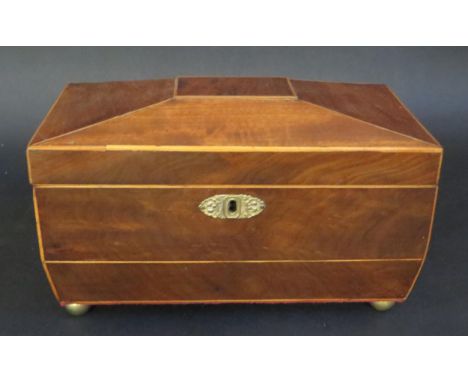 19th Century Mahogany Tea Caddy.  Interior with two tin lined compartments and space for mixing glass (missing). 30.5cm long.