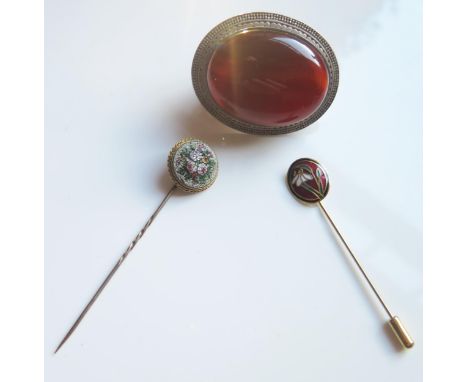 A Micromosaic Stick Pin, one other and silver and agate brooch and odd earrings 