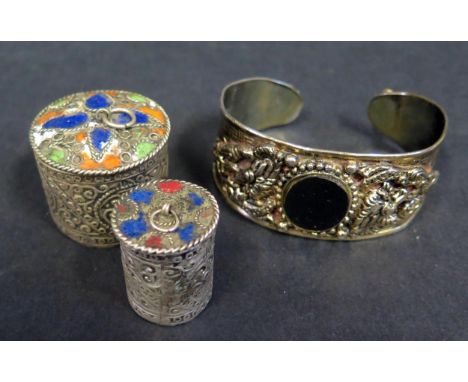 Two White Metal and Enamel Pots (largest 3cm high) and bangle 