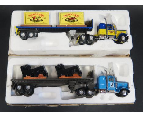 Two Matchbox Collectibles Peterbilt Trucks and Trailers Including KS192/SA-M 359 Transporter and 92127 Commemorative Tractor 