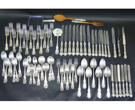 A Mixed Sterling Silver Cutlery Set including American BIRKS and comprising salad servers, cheese slice, sauce ladle, carving