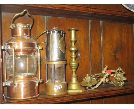 An ECCLES Protector Lamp &amp; Lighting Co. Mining Lamp, ship's lamp, pair of piano candle sconces and brass candlestick 