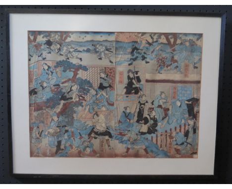 A Japanese Edo Period Woodblock Print of a chaotic scene with warriors, 49x36cm, framed &amp; glazed 