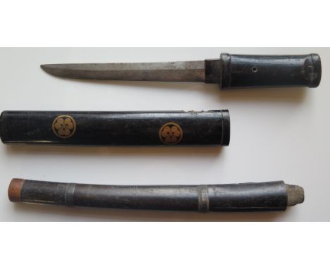 A Small Japanese Tanto in a lacquered sheath, 23cm and one other sheath and Robert Taylor print 