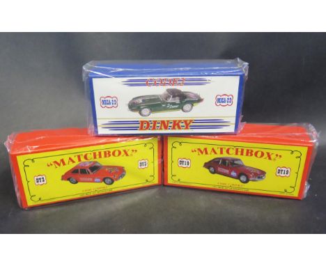 Three Matchbox Dinky Code 2 Sports Cars Including DY3 1965 MGB 'GT' Sports Car, DY19 1973 'GT' v8 Sports Car and MICA-22 Jagu