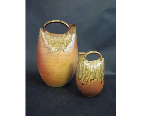 Two John Leach Muchelney Pottery Stoneware Flask Vases (tallest 29cm) 