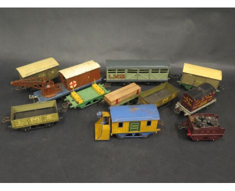 Eleven Hornby O Gauge Rolling Stock etc. Including Snow Plough, Meat Van, Fish Van, Track Repair Car etc. 