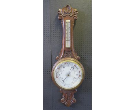 Edwardian Carved Oak Aneroid Banjo Barometer,  20cm dial  105cm tall 