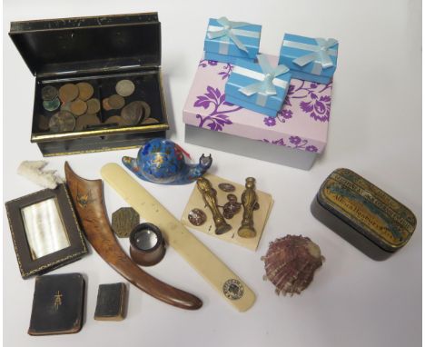 A Victorian Black and White Photographic Portrait in a leather easel back frame, SMALL RAIN miniature book, buttons, coins,  
