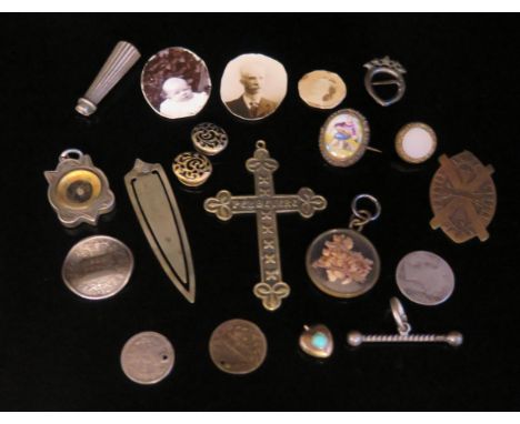 A 19th Century Porcelain and Cut Steel Brooch decorated with a seated musician (18x15mm), silver compass fob and other oddmen
