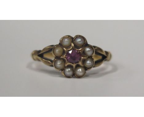A Victorian 18ct Yellow Gold, Pearl and Ruby Cluster Ring, 10mm head, size P, 2.5g 