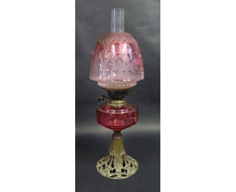 Victorian Oil Lamp.  Etched Glass Shade.  Total height 57cm. 